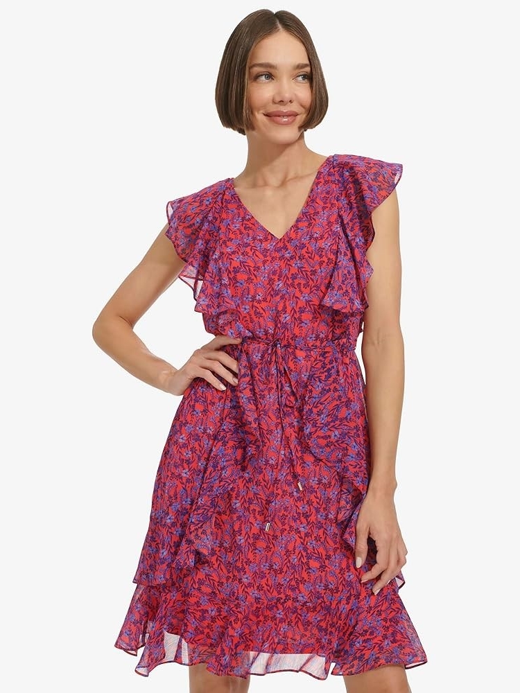 Tommy Hilfiger Pink And Purple Floral Ruffle Mini Dress